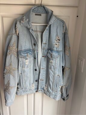 Carmar Light Blue Distressed Denim Jacket with Glitter Star Sleeves